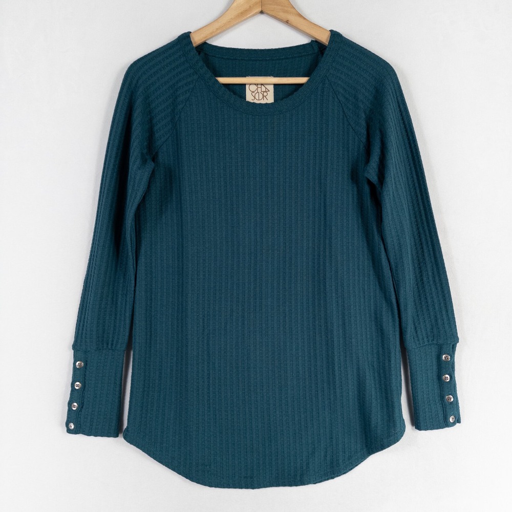 Chaser Top Shirt Womens Sz Small Teal Blue Green Textured Knit Pullover Casual